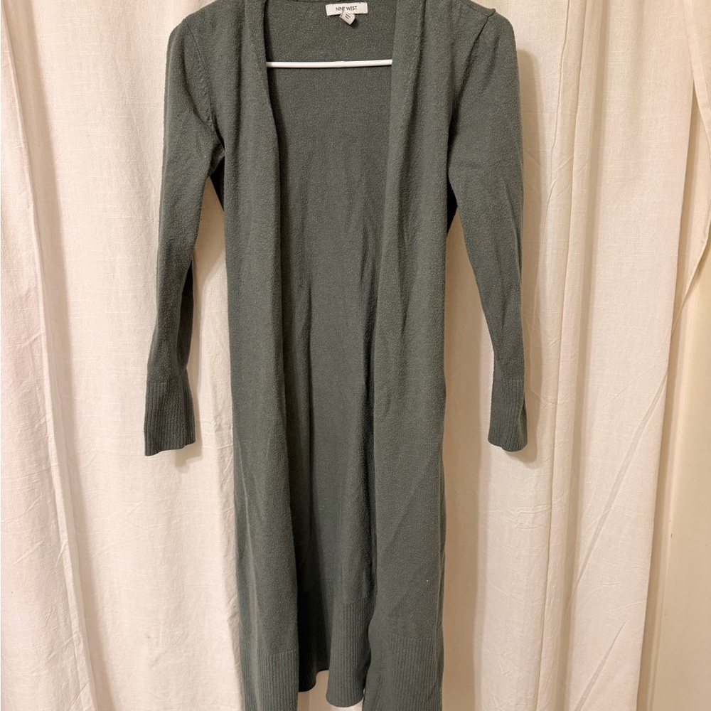 Nine West Long Open-Front Knit Dress Cardigan in Olive